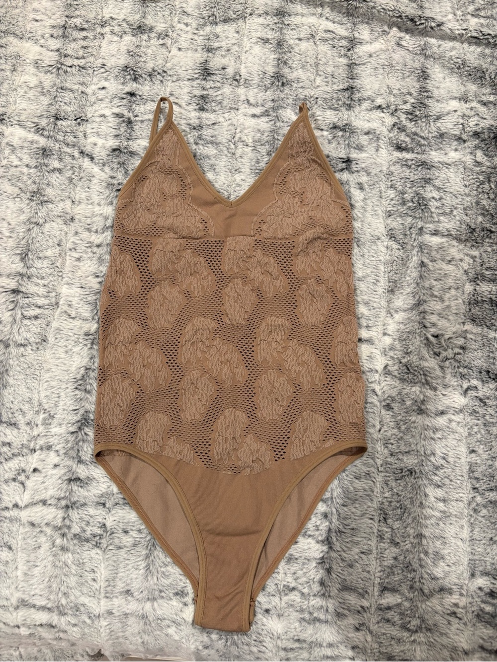 Women’s Lace-Detail Brown Bodysuit with V-Neck